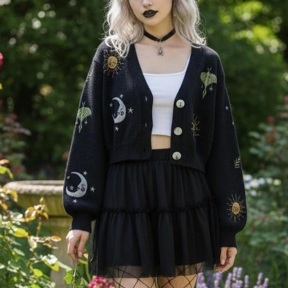 Black Skull Black Moon & Sun Embroidered Cropped Cardigan